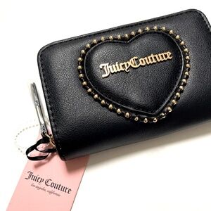 NWT JUICY COUTURE Love Heart Bifold Wallet Black PU Zip Around Card Case